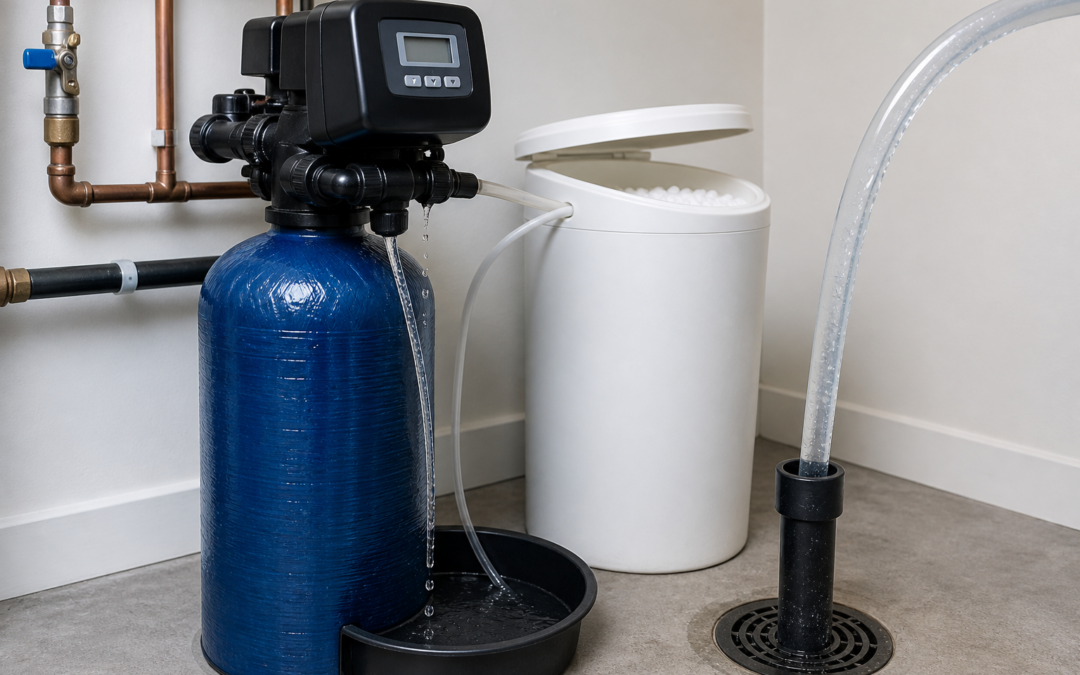 Water leaking near a residential water softener control valve during regeneration